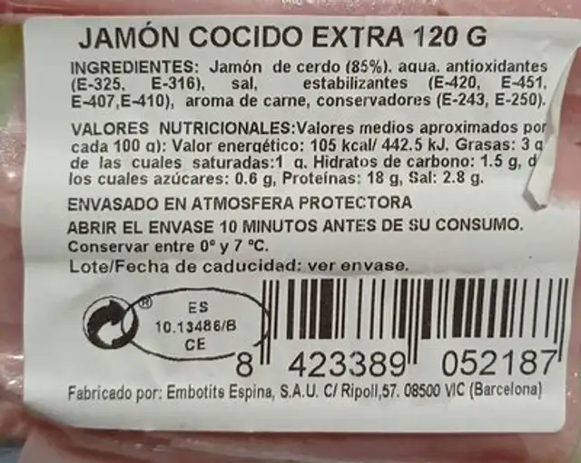 Jamón cocido extra finas lonchas nutrition facts table