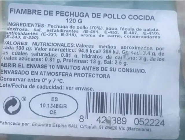 Pechuga pollo cocida nutrition facts table