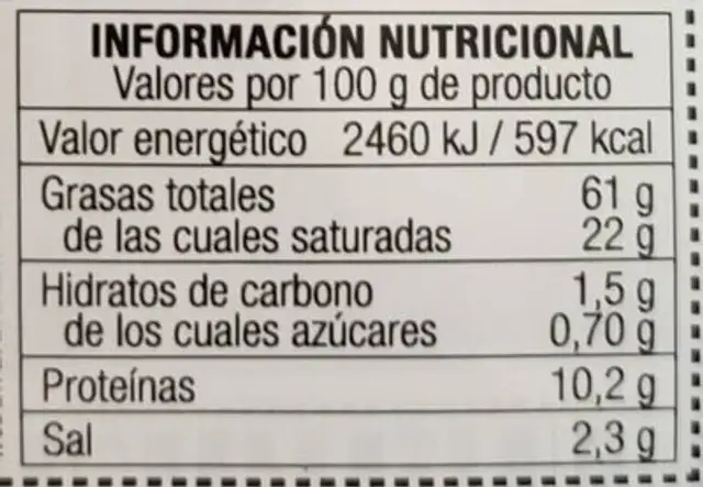 sobrasada nutrition facts table