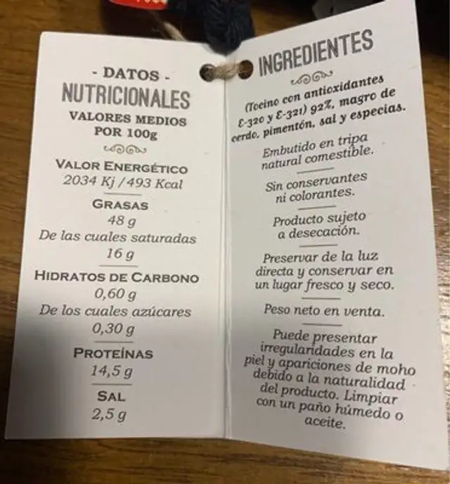 Sobrasada de Mallorca nutrition facts table