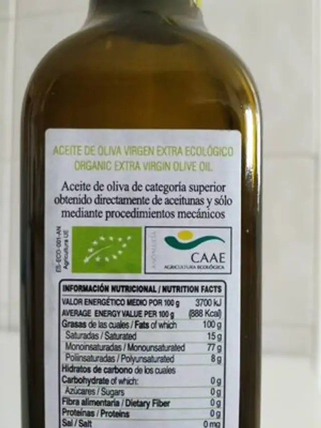 Aceite de oliva virgen extra ecológico ingredients label