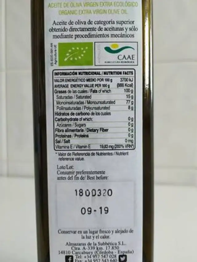 Aceite de oliva virgen extra ecológico nutrition facts table
