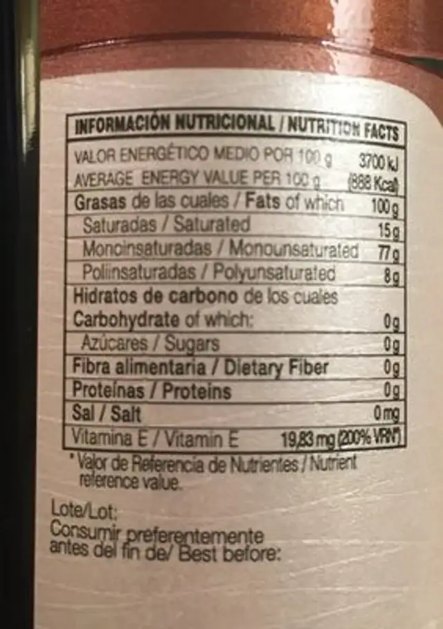 Rincon de la Subbetica ingredients label
