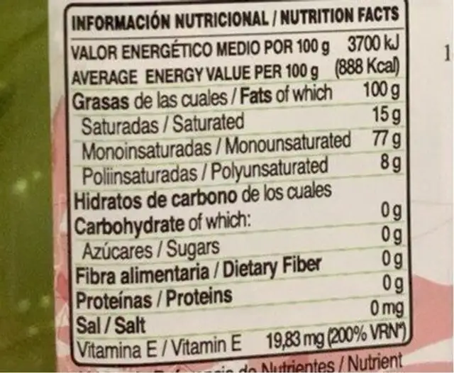 Aceite de oliva nutrition facts table