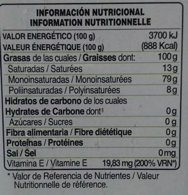 Aceite de oliva virgen extra ecológico nutrition facts table