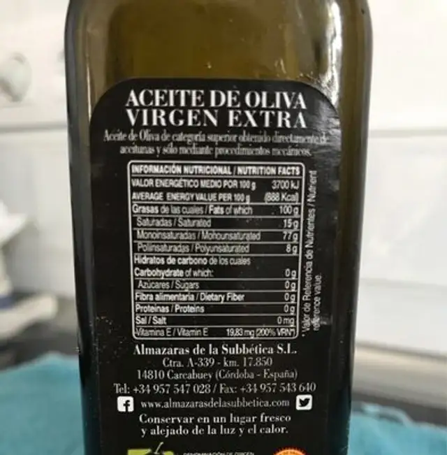 Parqueoliva Evoo nutrition facts table