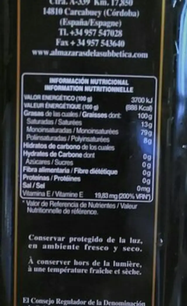 Parqueoliva Evo Oil nutrition facts table