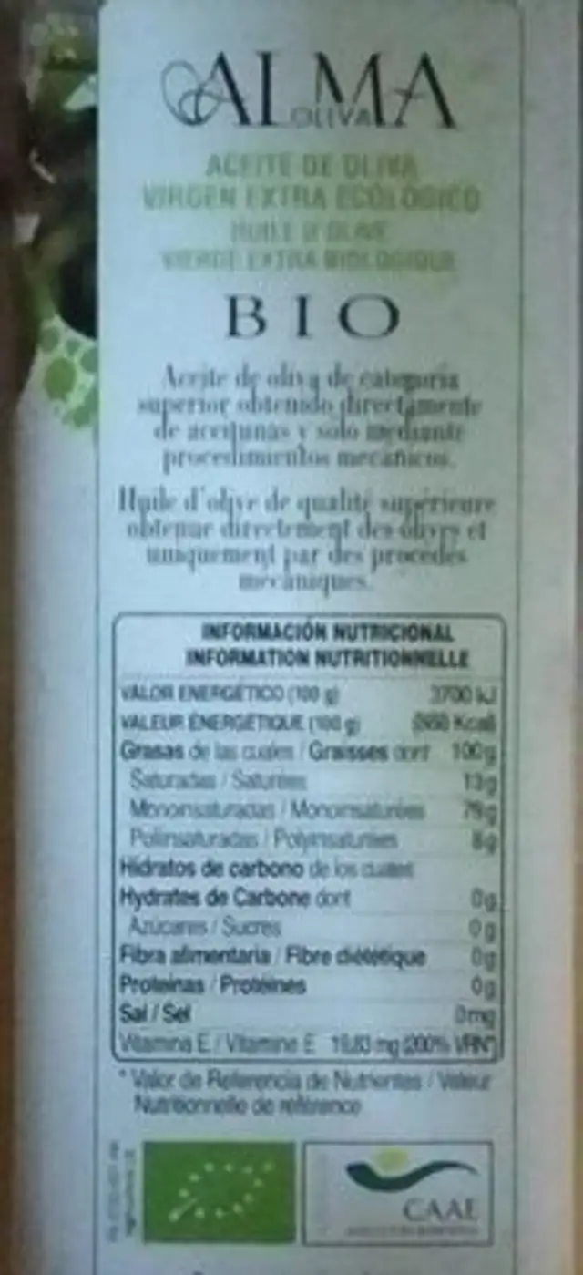 Aceite de oliva nutrition facts table