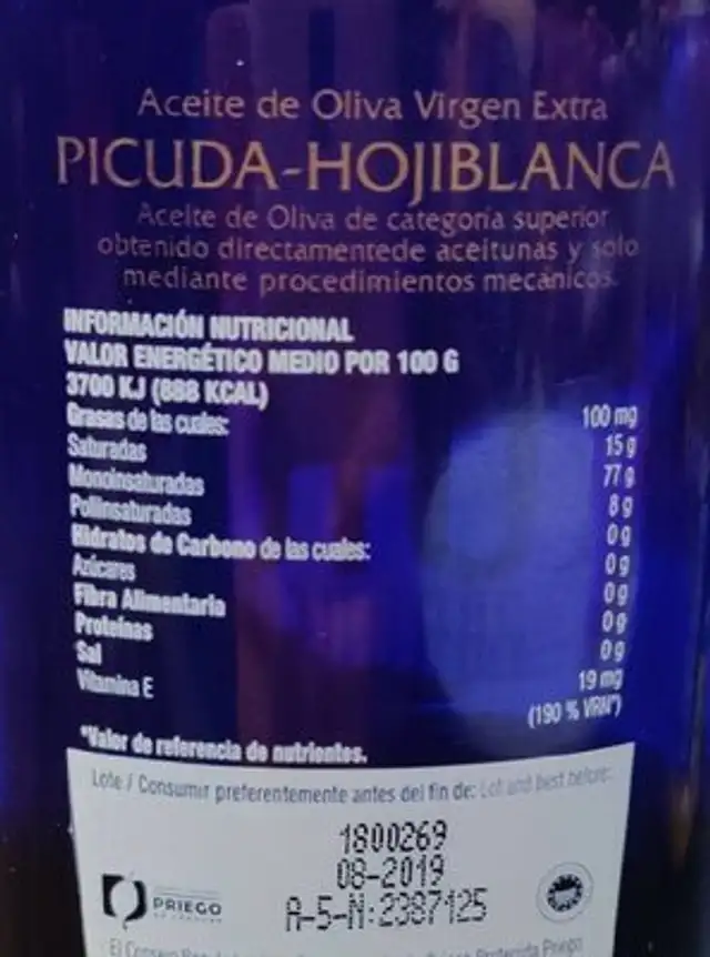Serie Oro nutrition facts table