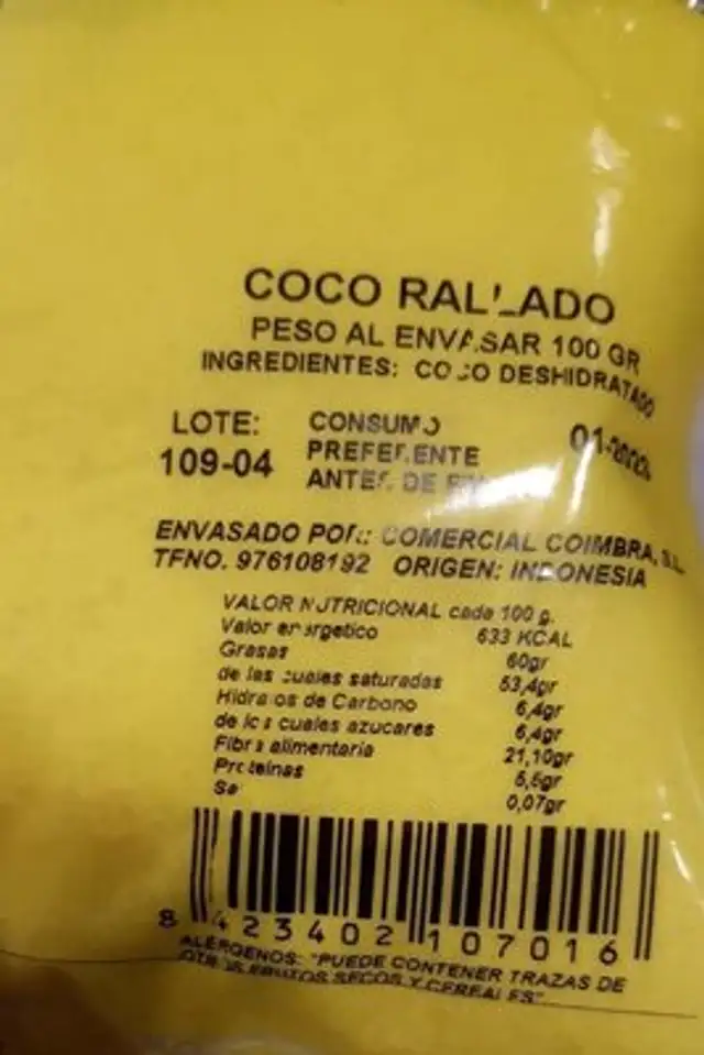 Coco rallado nutrition facts table