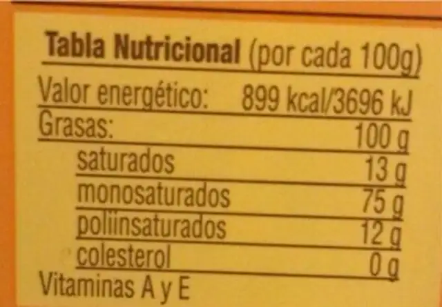 Aceite de oliva virgen extra nutrition facts table