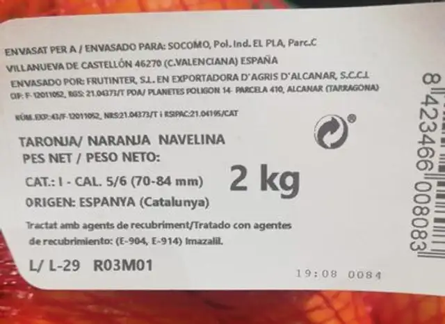Naranja Navelina origen Tarragona nutrition facts table