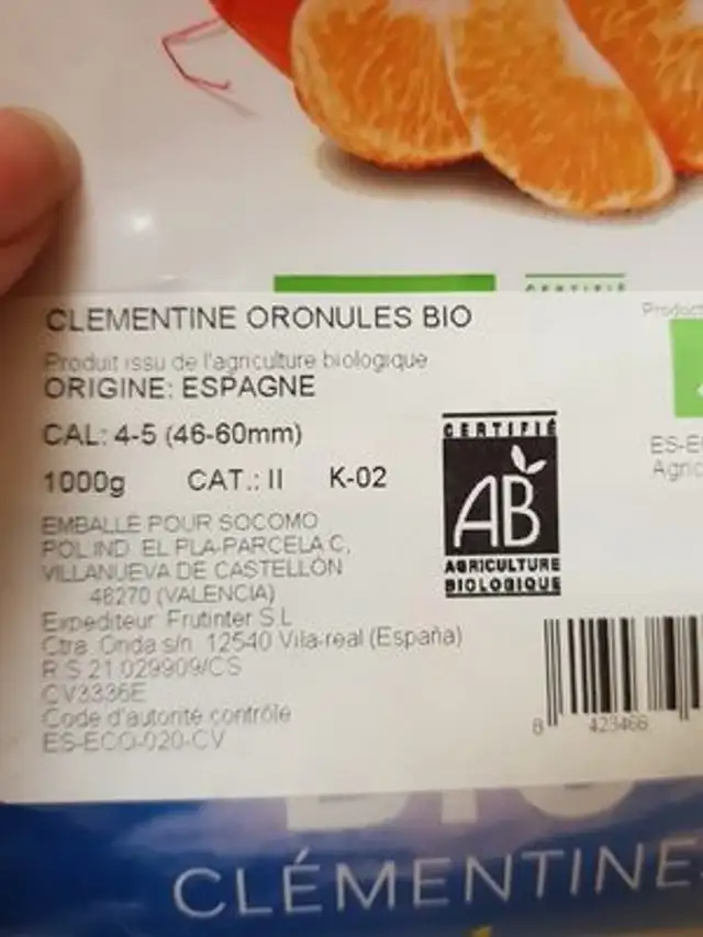 Clémentines Bio ingredients label