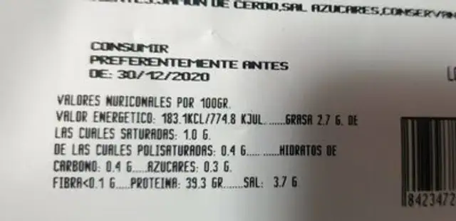 Jamón bodega curado nutrition facts table