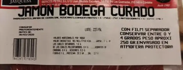 Jamón bodega curado nutrition facts table