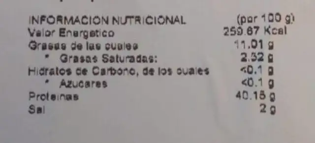 Picadillo de jamón nutrition facts table