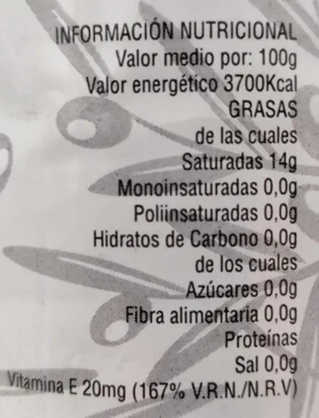 Aceite de oliva virgen extra nutrition facts table