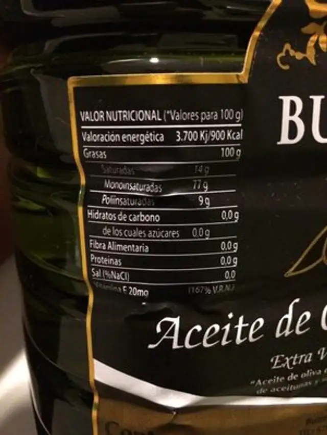 Aceite de oliva virgen extra nutrition facts table