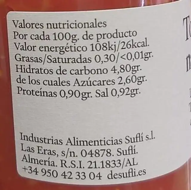 Tomate natural nutrition facts table