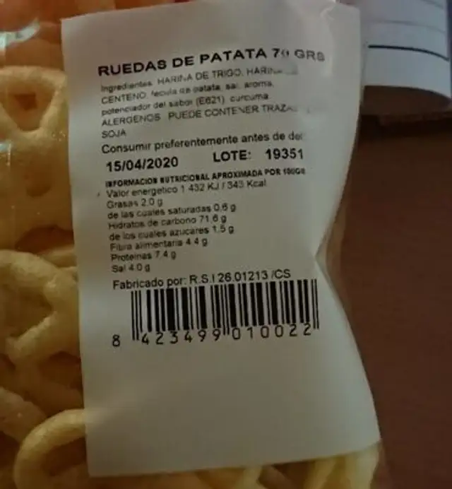 Ruedas de patata nutrition facts table