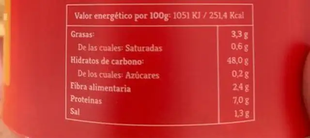 Crujientes azafran nutrition facts table