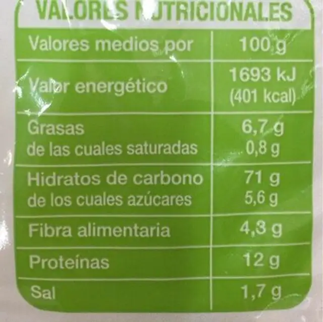 Pan tostado nutrition facts table
