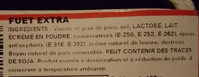 Saucisse de Porc Italien ingredients label