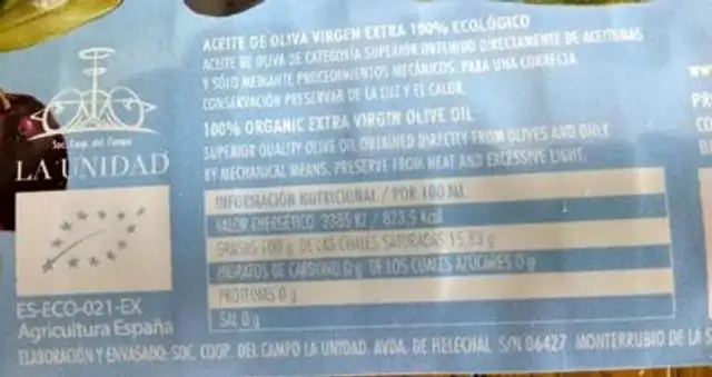 Aceite de oliva virgen extra 100 % ecológico nutrition facts table