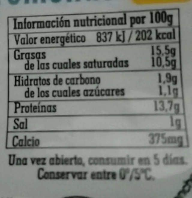 Queso fresco manjares nutrition facts table