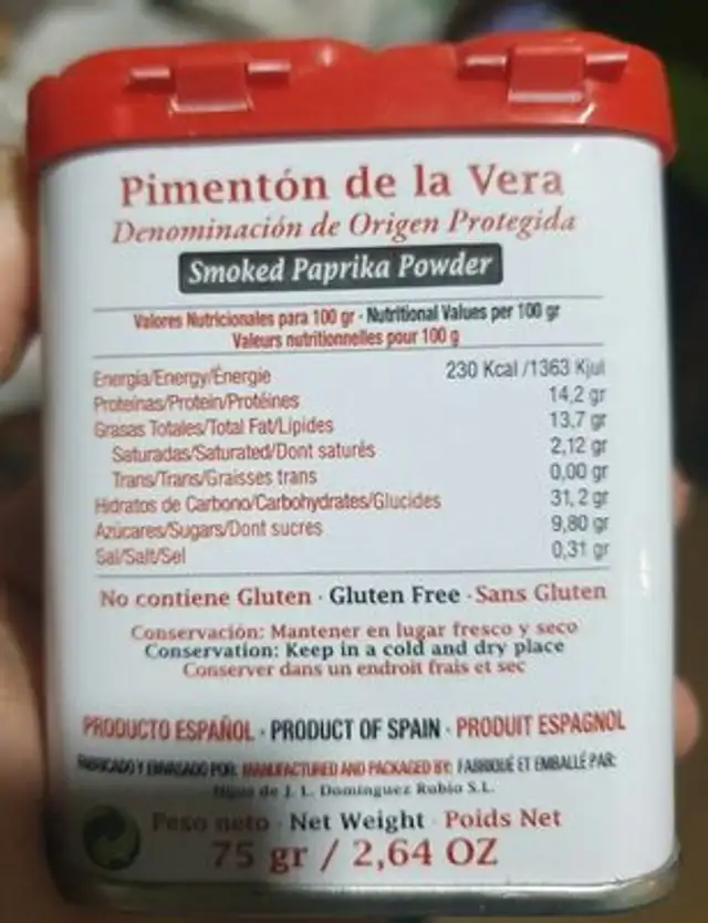 Pimentón de la Vera nutrition facts table
