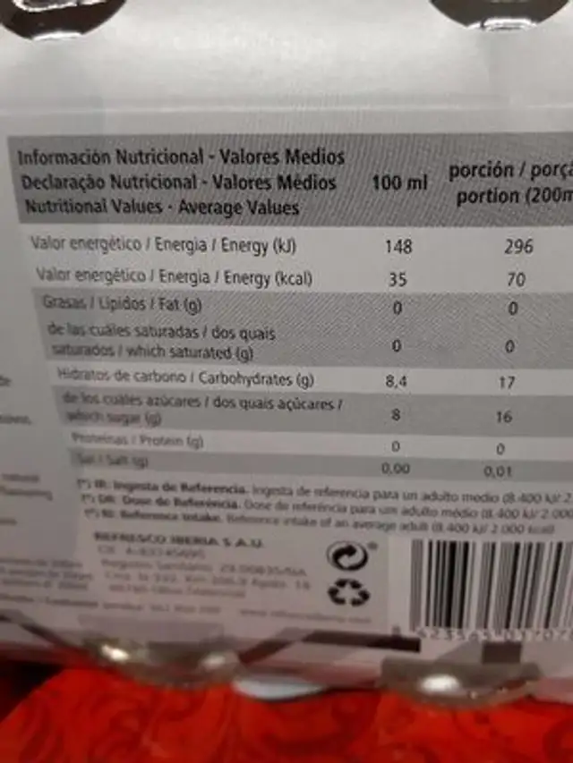 Indian tónica original nutrition facts table