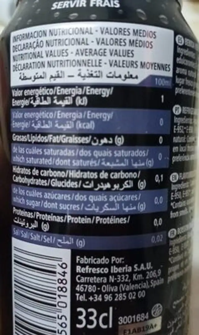 Cola zero nutrition facts table