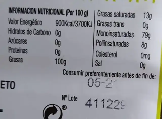Monte Olivos aceite de oliva nutrition facts table