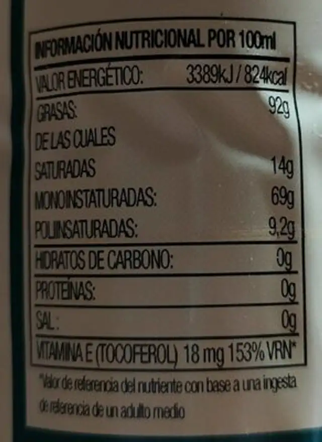 Aceite Virgen Extra nutrition facts table