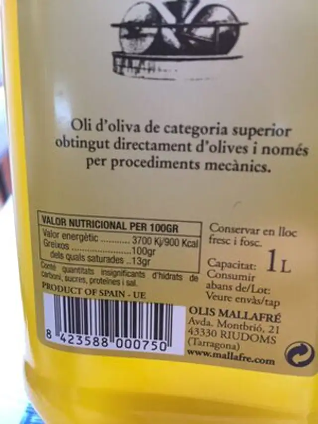 Huile d'olive vierge ingredients label