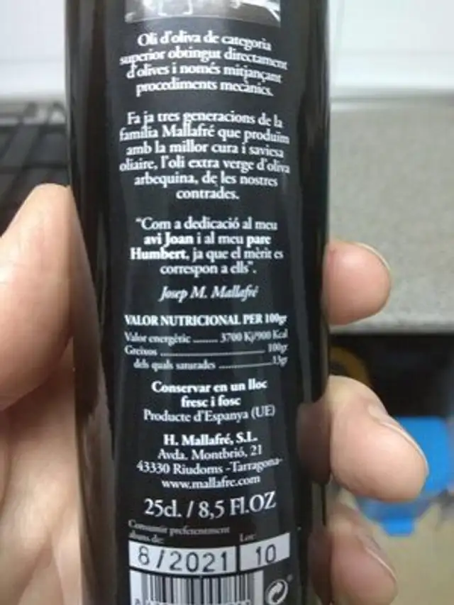 Aceite de oliva virgen extra nutrition facts table