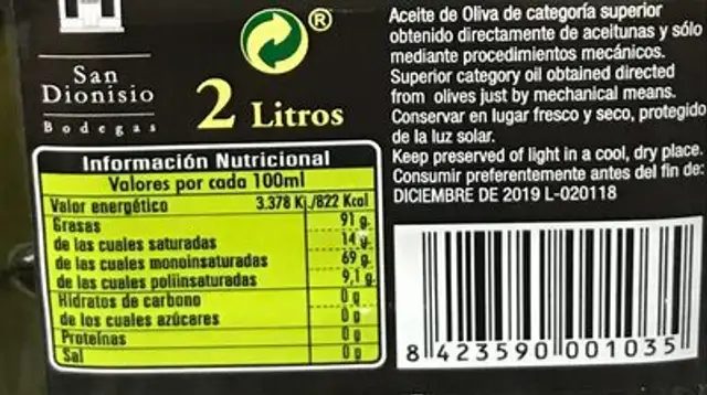 Aceite de Oliva Virgen Extra nutrition facts table