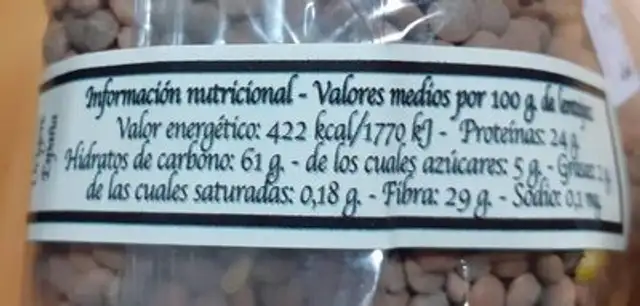 Lenteja Pardina Ubidea nutrition facts table
