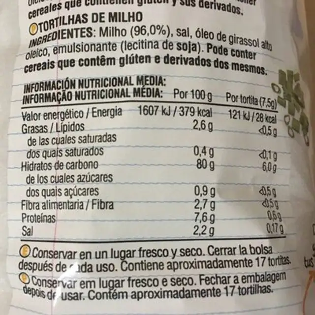 Tortitas de maíz nutrition facts table