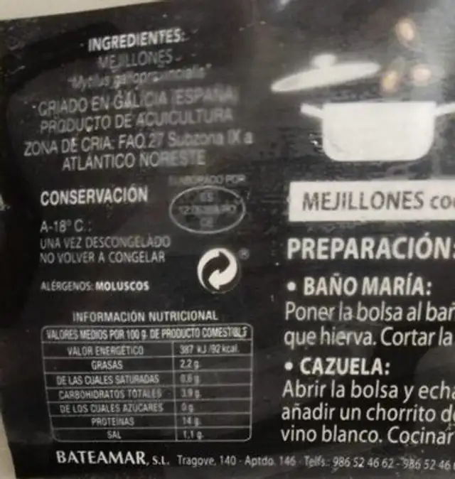 Mejillones nutrition facts table
