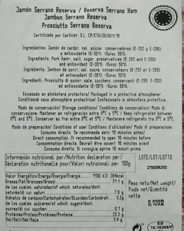 Carne de cerdo Duroc nutrition facts table