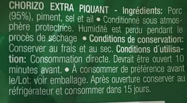 Chorizo extra piquant ingredients label