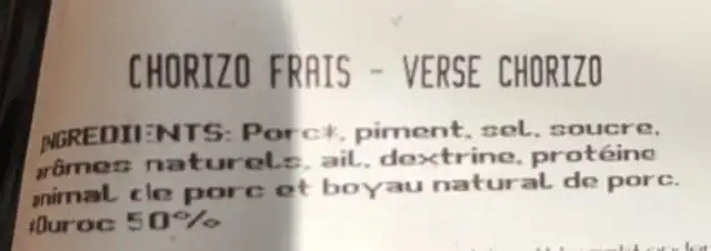 Chorizo ingredients label