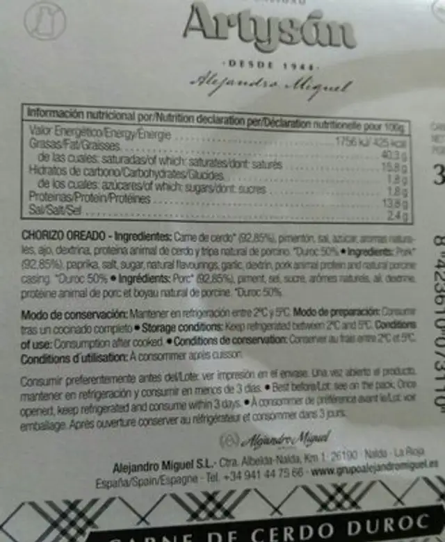 Chorizo ingredients label