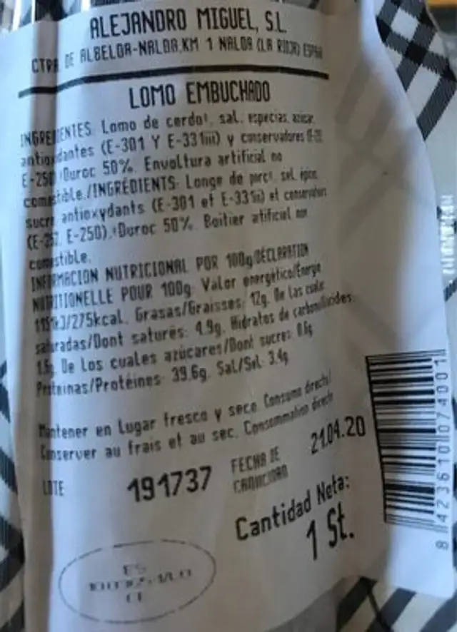 Lomo curado nutrition facts table