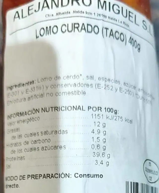Lomo curado nutrition facts table