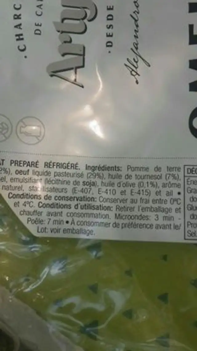 Omelette espagnole ingredients label