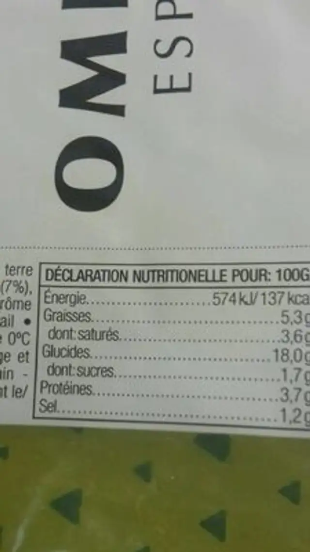 Omelette espagnole nutrition facts table