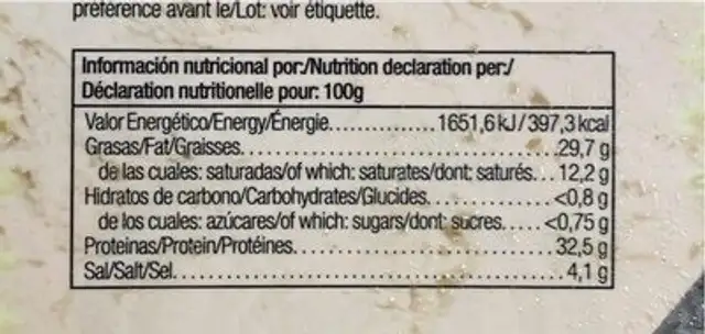 Paleta ibérica nutrition facts table