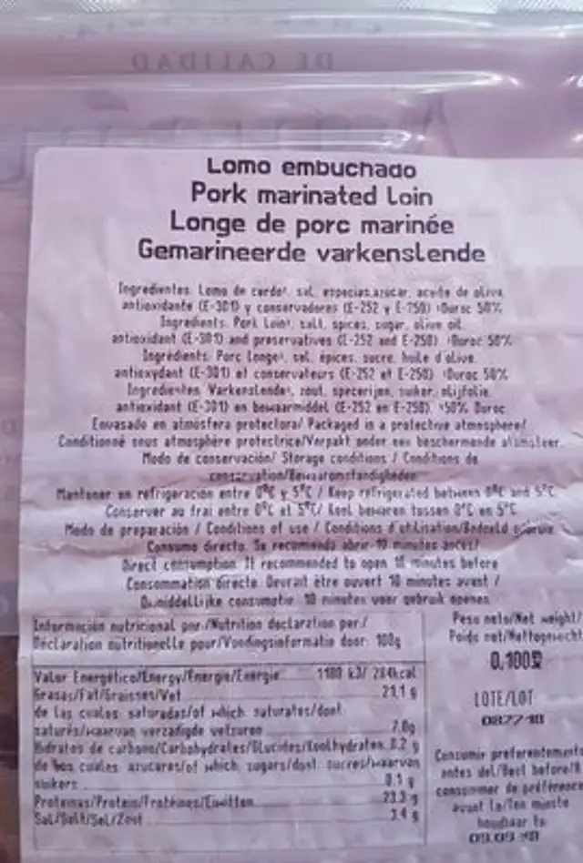 Carne de cerdo duroc ingredients label
